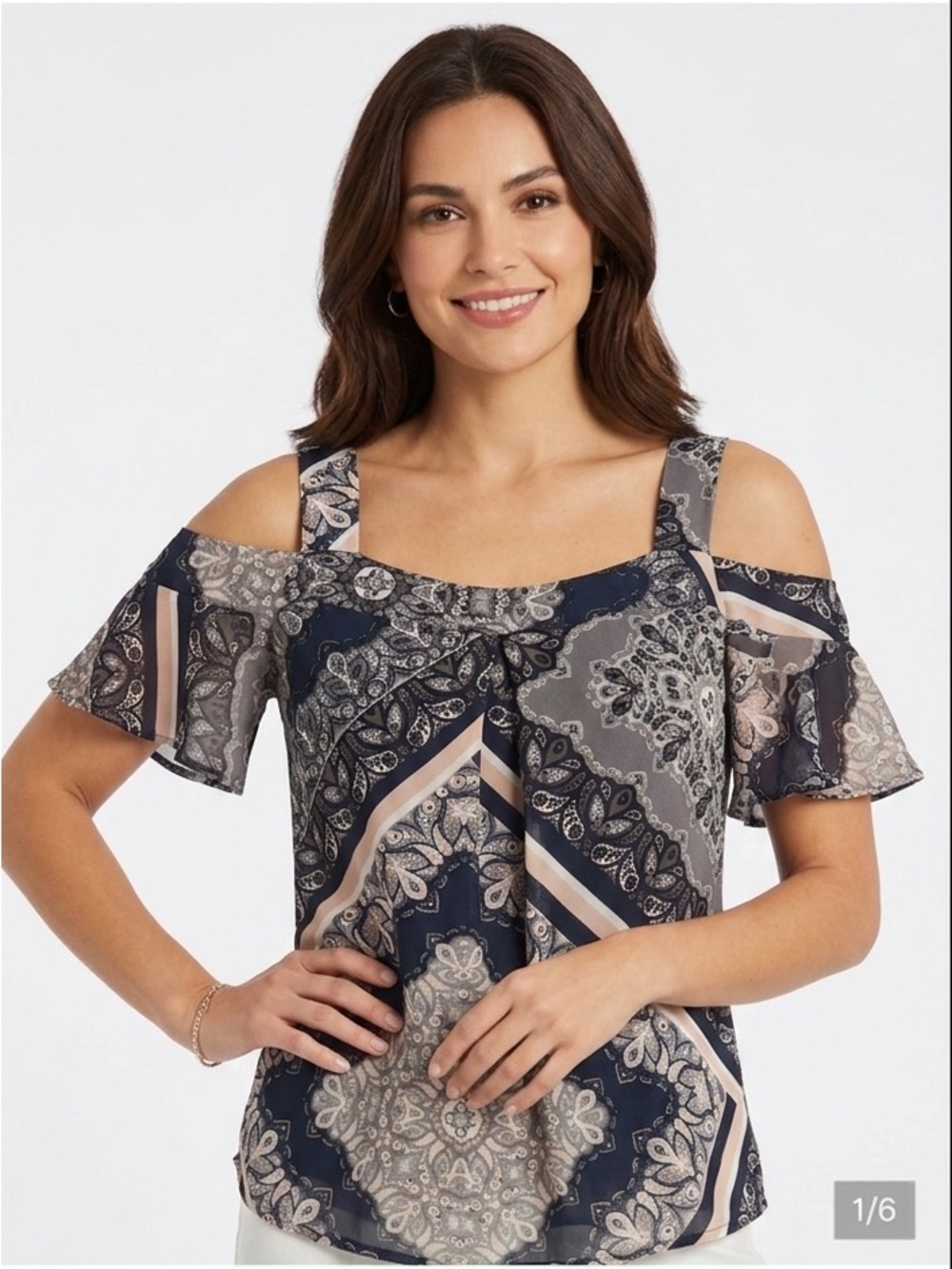 Le Chateau Navy/Peach Paisley Chiffon Blouse with Cold Shoulder Size Medium